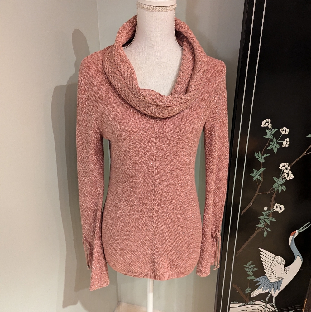 White House Black Market Wmns Sm Cowl Neck Bell Sleeve Sweater Pink Shimmer 146